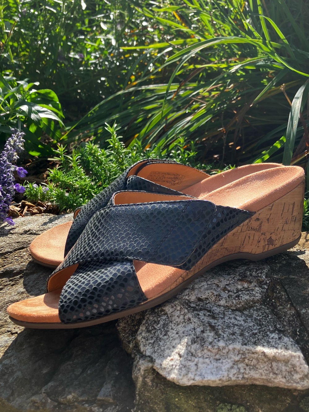 Vionic Black Snake-Embossed Wedge Slide Sandals